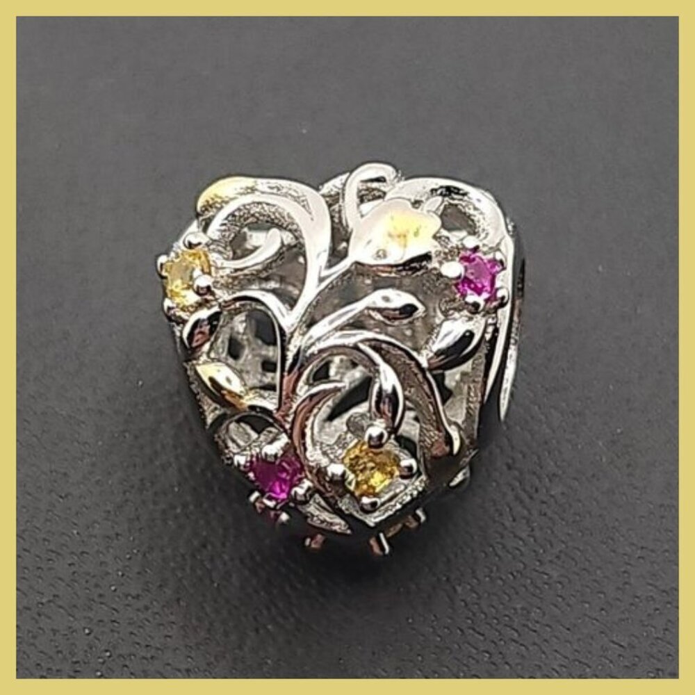 Heart-Shaped Sterling Silver Charm With Intricate Floral‎ Design (NWOT)